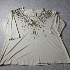 BOSTON PROPER V- Neck Tunic 3/4 Sleeve Shirt Blouse Embellished Sz Med NWT $89